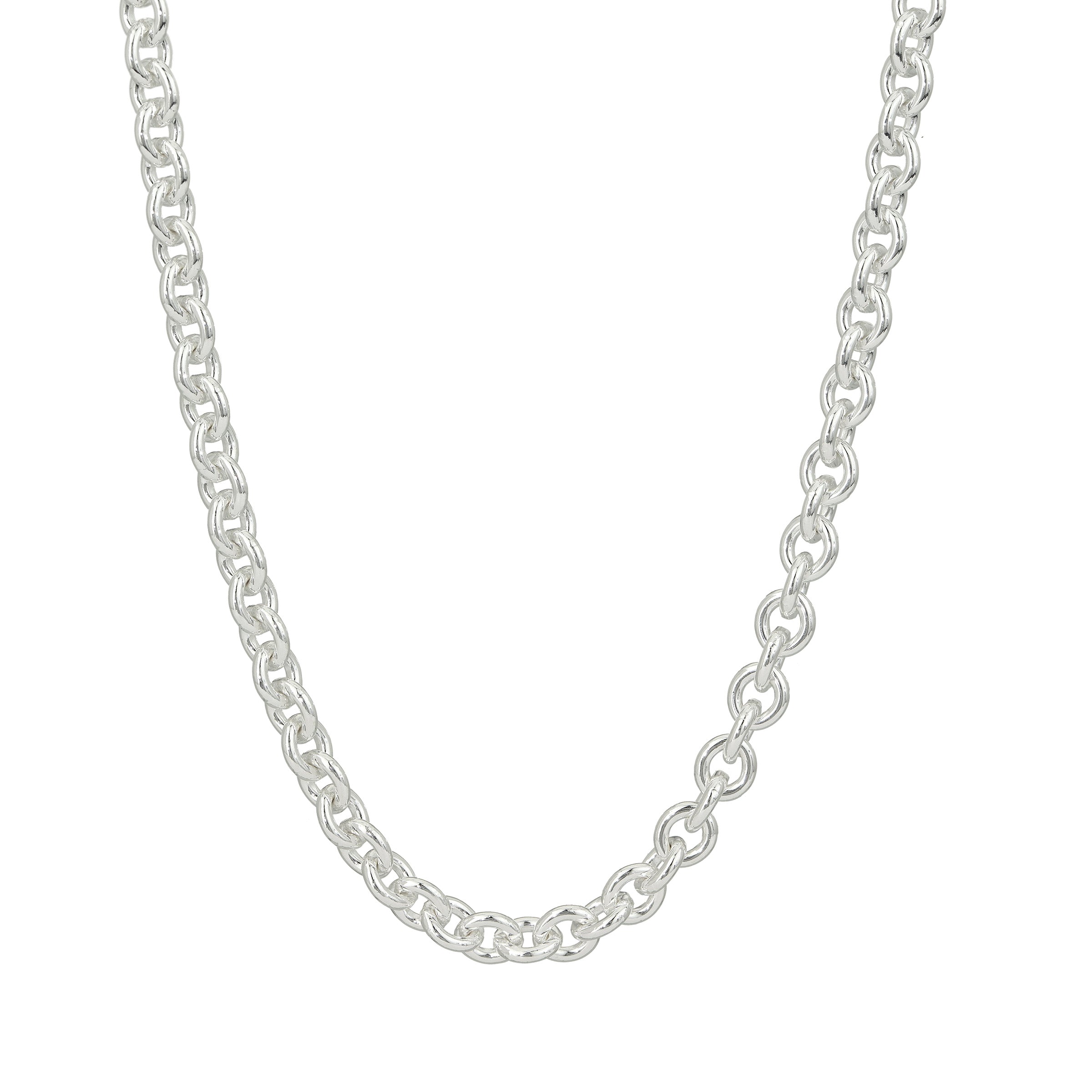 Chunky size rings that interlock with each other to create a chain. Shown how it would look laying around the neck