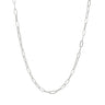 a chain displayed as if it were hanging around a neck to show how it looks on. The links are a long oval style