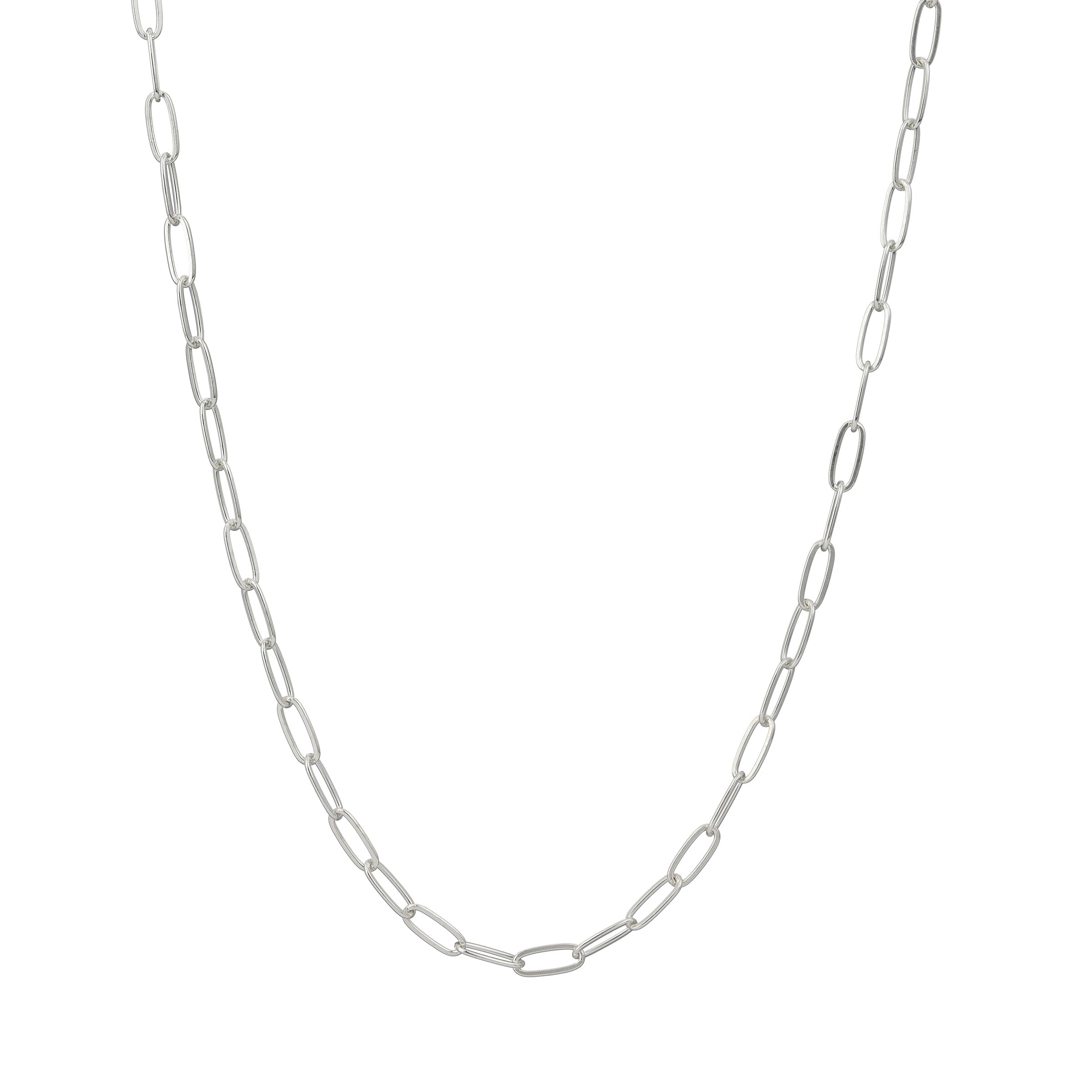 a chain displayed as if it were hanging around a neck to show how it looks on. The links are a long oval style