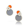 LEGO earrings with orange dot and grey round tile with white LEGO flower with an orange diamond set in the middle
