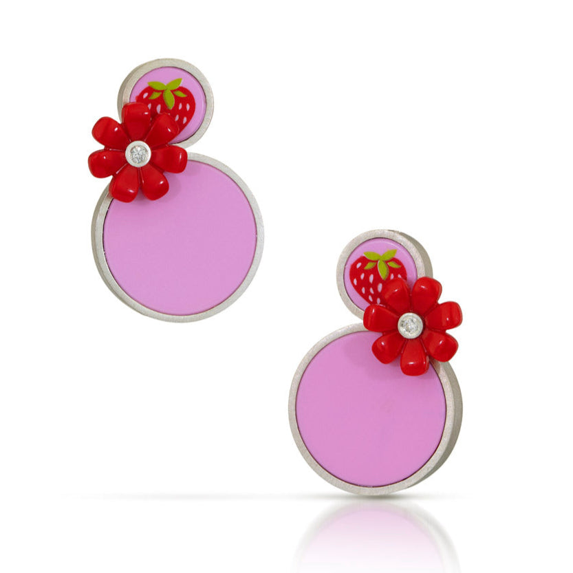 LEGO earrings made with a strawberry LEGO dot and pink LEGO tile pieces with LEGO friends flowers with a diamond set into the center