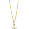 White LEGO friends flower charm with a green diamond set in the center and a gold ring on top with a gold chain going through it