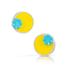 Yellow Lego round flat tile made into modern earrings with a turquoise logo trolls flower on opposite side of each circle.