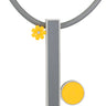 a long grey lego tile laying vertically off a grey rubber cord. On the top left corner there is a yellow lego flower with a diamond in the center. On the bottom right is a yellow round lego tile juxtaposed