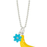 LEGO troll flower charm with a diamond set in the middle and hanging from a silver chain together with a lego banana charm