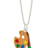 A tiny Lego artist palette with paint colors of red, green, blue, and yellow with a silver loop to go through a chain as a charm with a Lego green paint brush charm beside it