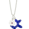 blue lego balloon dog that looks like Jeff Koons sculpture charm hanging on a chain with a white lego flower with a purple diamond in the middle