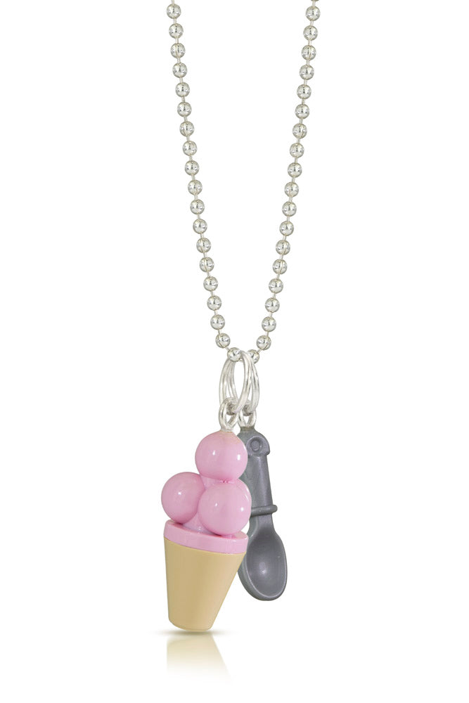 Lego mini-figure accessory ice cream cone  made into a charm hanging on a chain with a lego spoon toy charm
