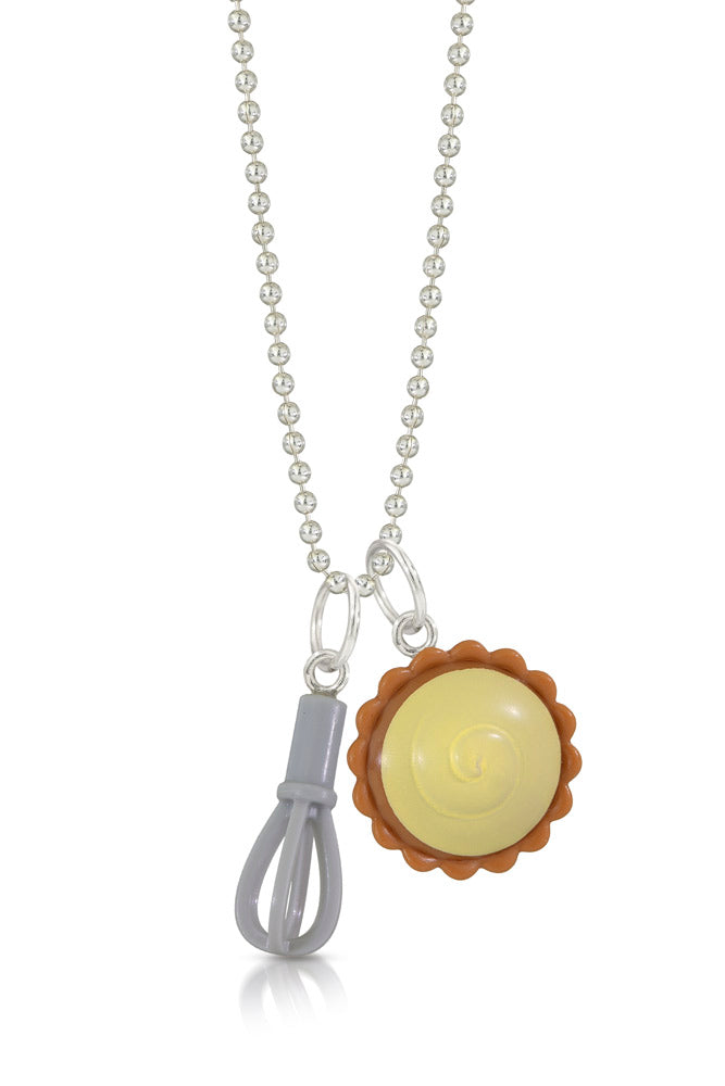 Lego pumpkin pie charm with a lego whisk charm hanging on a chain