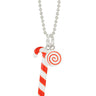 lego candy cane toy charm hanging on a chain with a lego peppermint swirl candy charm