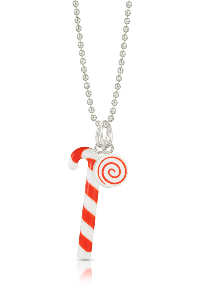 lego candy cane toy charm hanging on a chain with a lego peppermint swirl candy charm