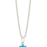 Turquoise lego Troll flower charm with a diamond in the center hanging on a silver beaded chain