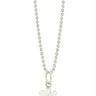 small white lego flower charm with a purple diamond set into the center. silver ring at top going through a bead necklace
