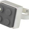 Modern sterling silver LEGO ring with a diamond set into a gray 2 X 2 LEGO brick