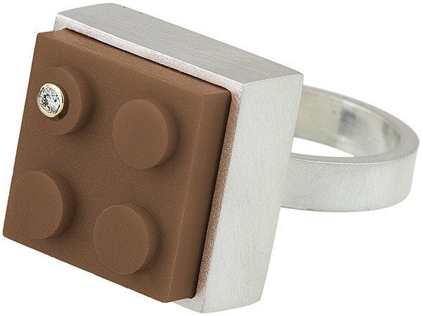 Unique brown 2 X 2 LEGO brick in hand fabricated sterling silver modern ring