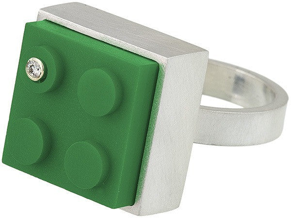 Unique green 2 X 2 LEGO brick in hand fabricated sterling silver modern ring