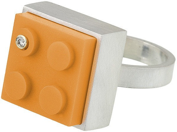 Unique and fun 2 X 2 orange LEGO brick in hand fabricated sterling silver modern ring