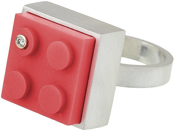 LEGO ring in sterling silver  
setting with diamond set into a red 2 X2 
LEGO brick