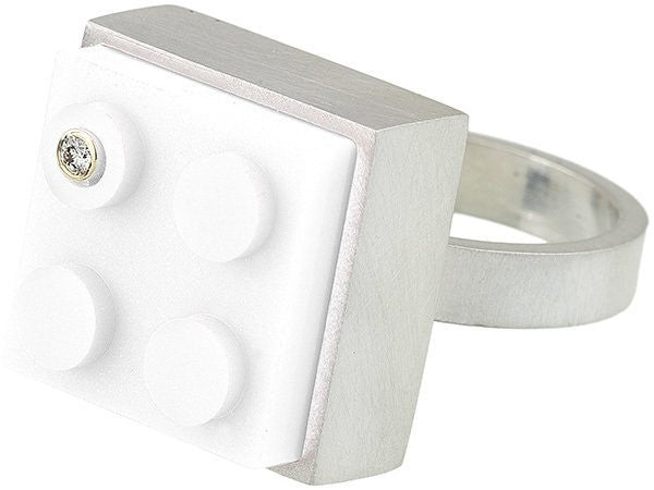 Unique and fun white 2 X 2 LEGO brick in hand fabricated sterling silver modern ring