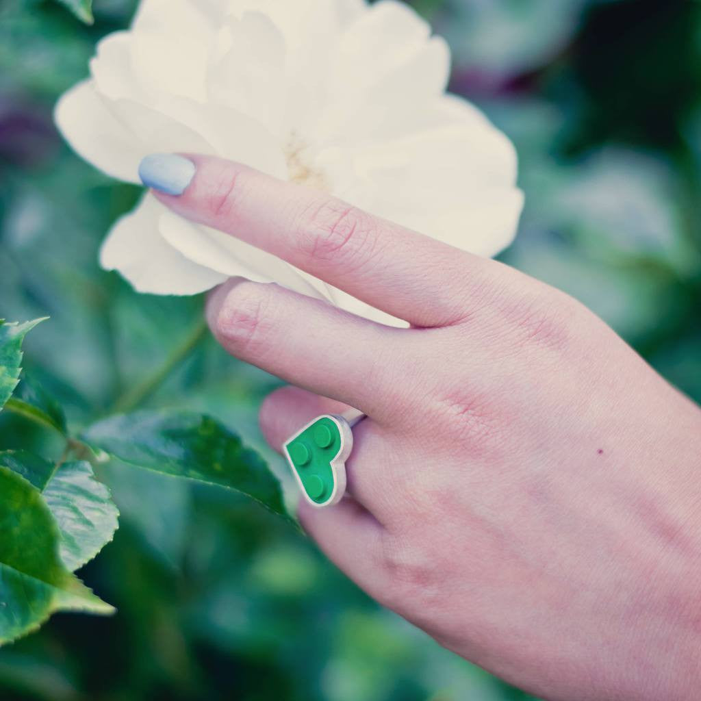 Green Portland heart ring made with sterling silver and  a 2 X 2 green heart shape LEGO brick