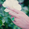 Green Portland heart ring made with sterling silver and a 2 X 2 green heart shape LEGO brick