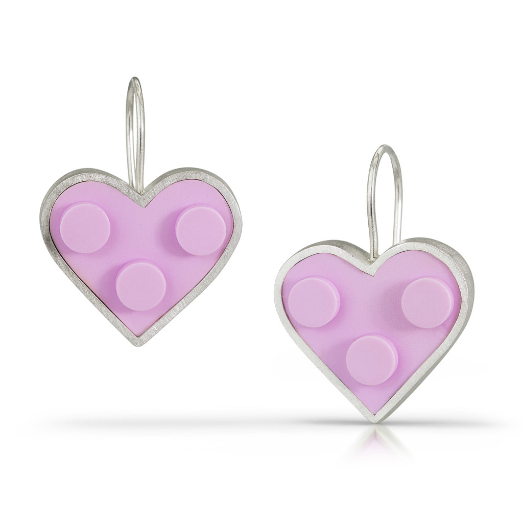 Pink LEGO bricks in the shape of heart earrings