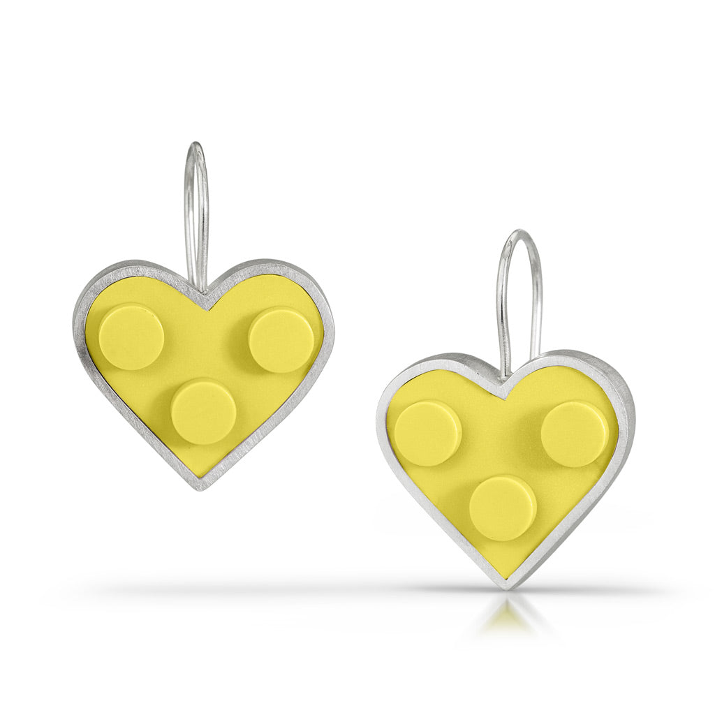 Yellow LEGO bricks in the shape of heart earrings