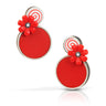 Circle on top with a red and white candy swirl design with a red flower below it with a diamond set into it- on top of a larger red dot