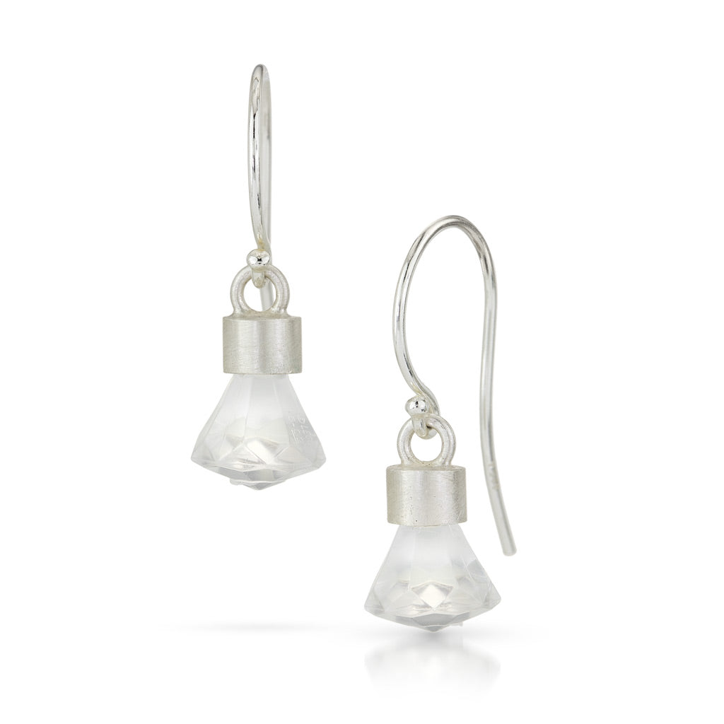 Two dangle earrings with diamond briolette like shape stones hanging from bottom