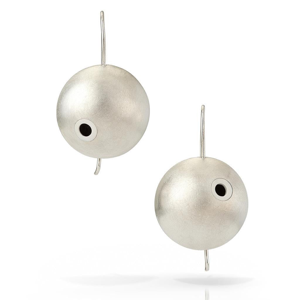 Hand fabricated contemporary dome earrings with a LEGO element
