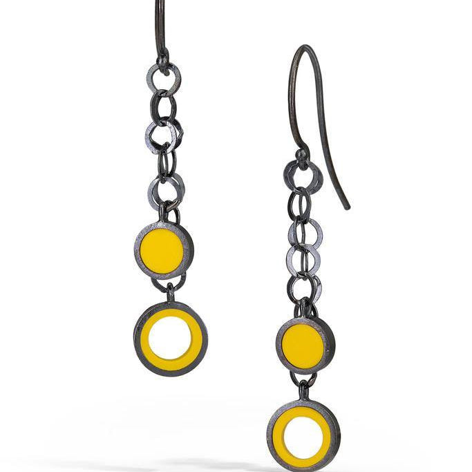 Chain link earrings made with sterling silver and yellow recycled LEGO