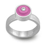 Ring with a hot pink round lego dot on top with a diamond set into the center