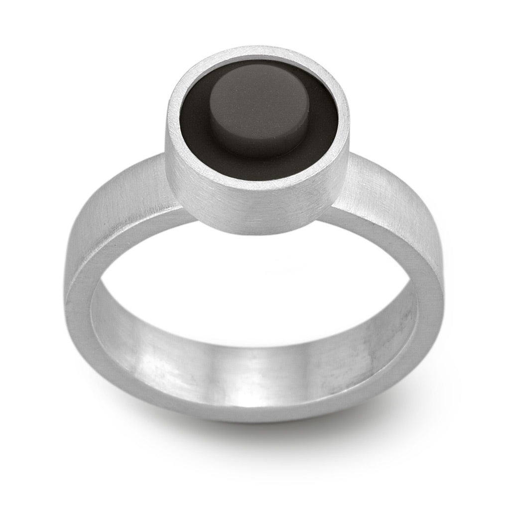 Hand fabricated sterling silver statement ring with a black 1 X 1 LEGO stud