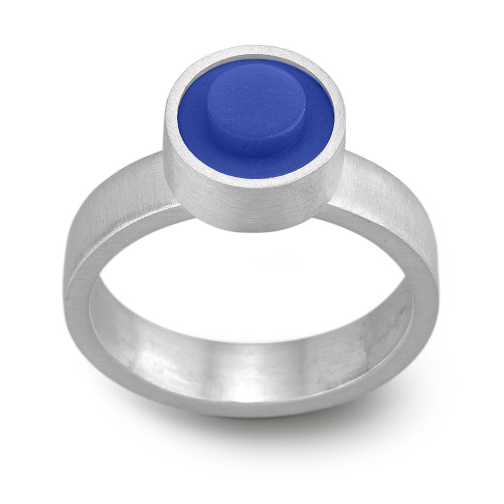 Sterling silver hand fabricated ring with a bezel set 1 X 1 round LEGO stud