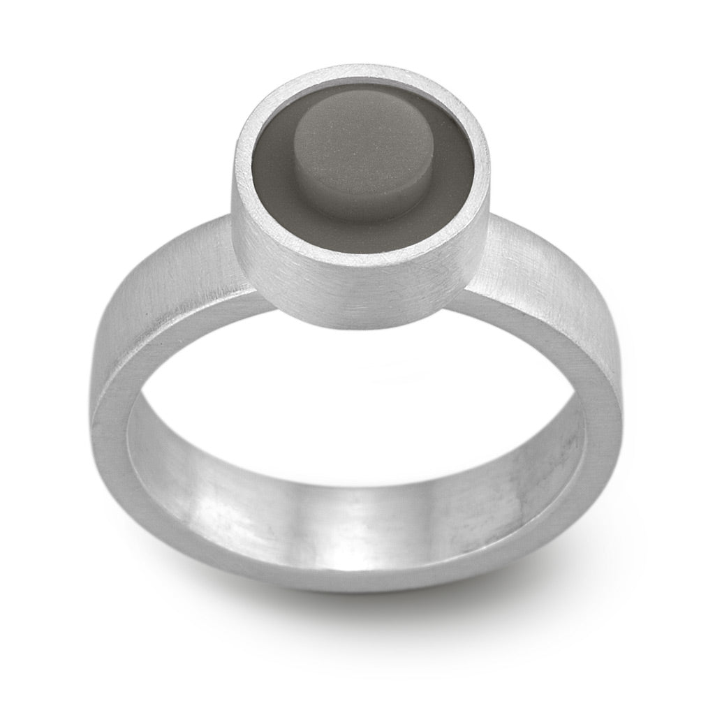 sterling silver modern ring with a grey  LEGO brick