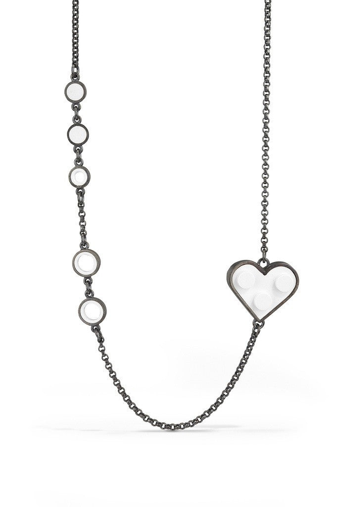 White LEGO heart jewelry, modern, contemporary necklace hand fabricated with sterling silver
