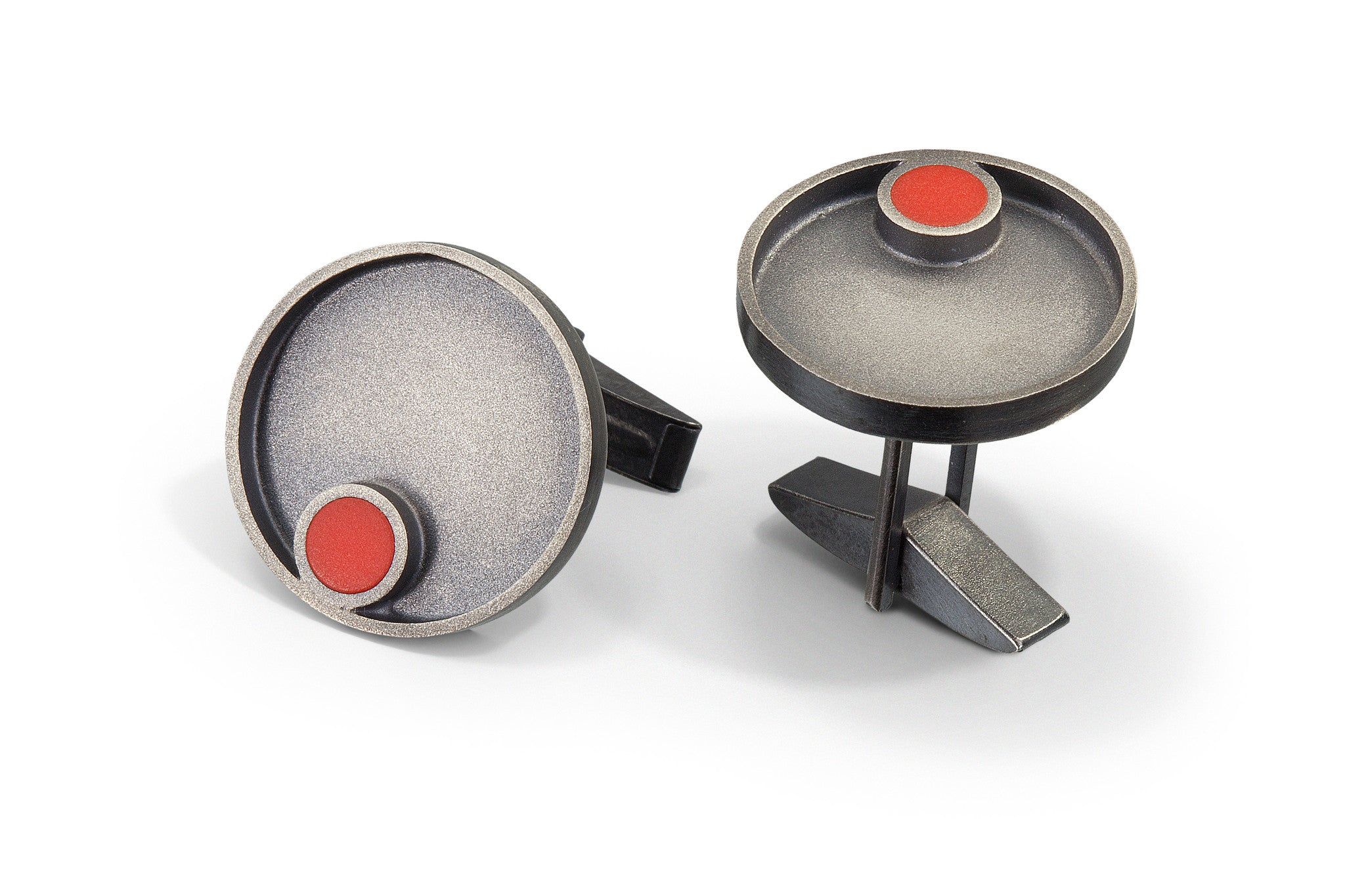 Hand fabricated sterling silver round modern cuff links with small round red LEGO piece with patina finish