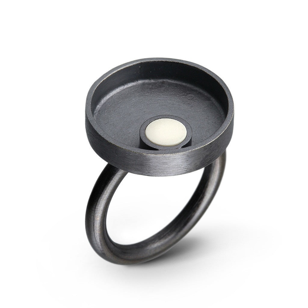 Hand fabricated sterling silver, modern simplistic round ring with small round white LEGO piece