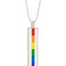 vertical pendant with the side profile of LEGO bricks set into a sterling silver bezel from red , orange, yellow, green ,blue and purple forming the Rainbow colors in order and hangin off a bead chain