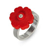 a sterling silver ring with a red LEGO flower piece on top with a diamond set in the middle