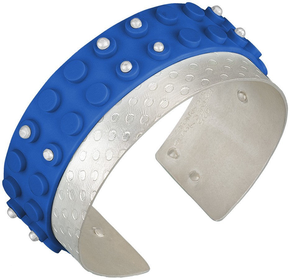 Blue LEGO base plate wrapped around a hand made sterling silver cuff bracelet