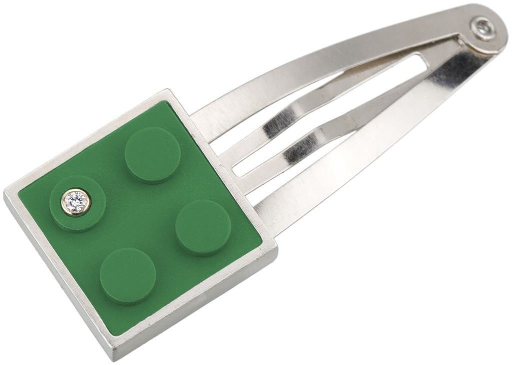 Green 2 X 2 LEGO brick set into sterling silver hand fabricated hair pin with diamond for AFOL