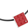 Red 2 X 2 LEGO brick modern pendant with diamond made with sterling silver on a black rubber cord