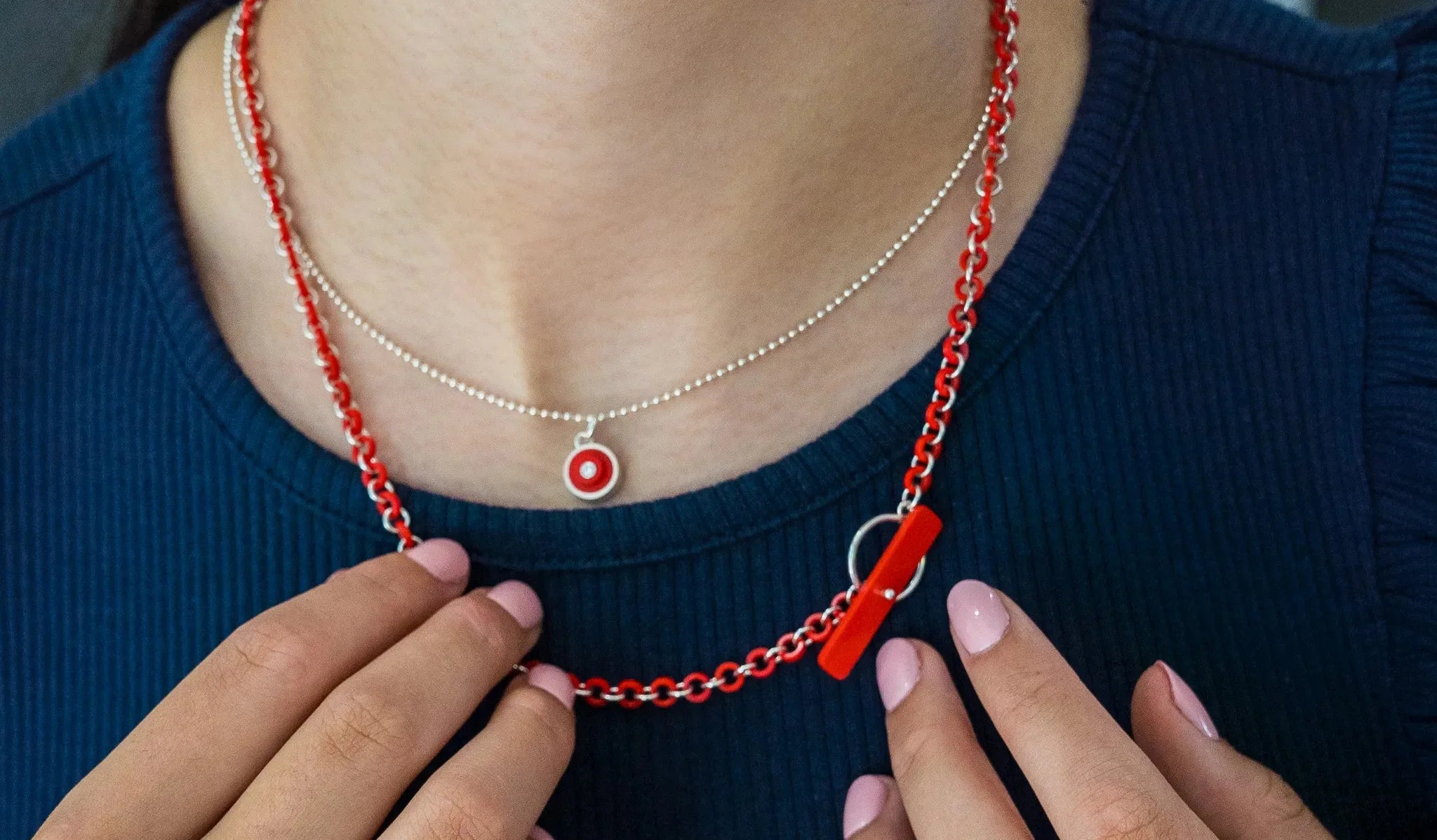 woman with modern layered necklace