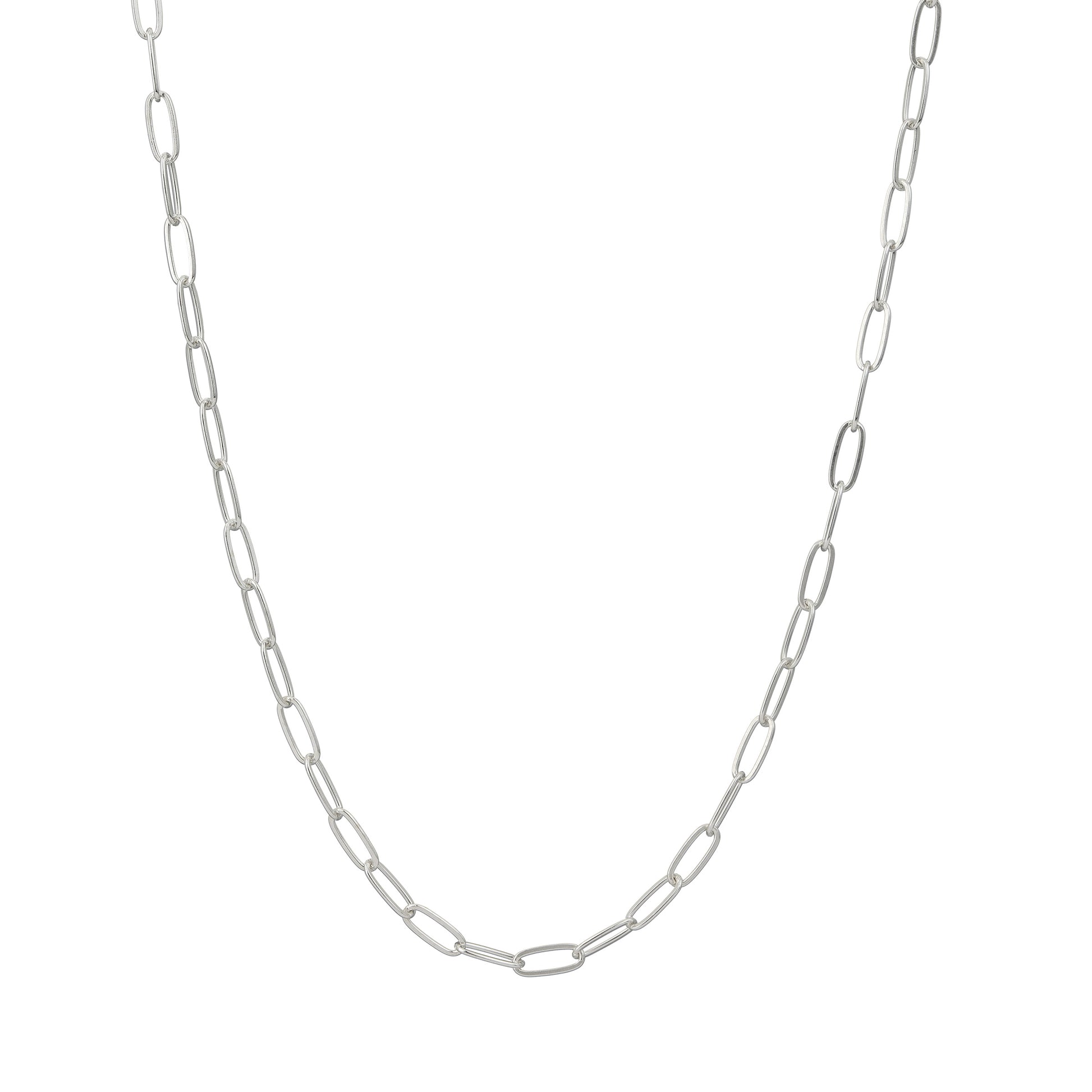 a chain displayed as if it were hanging around a neck to show how it looks on. The links are a long oval style 