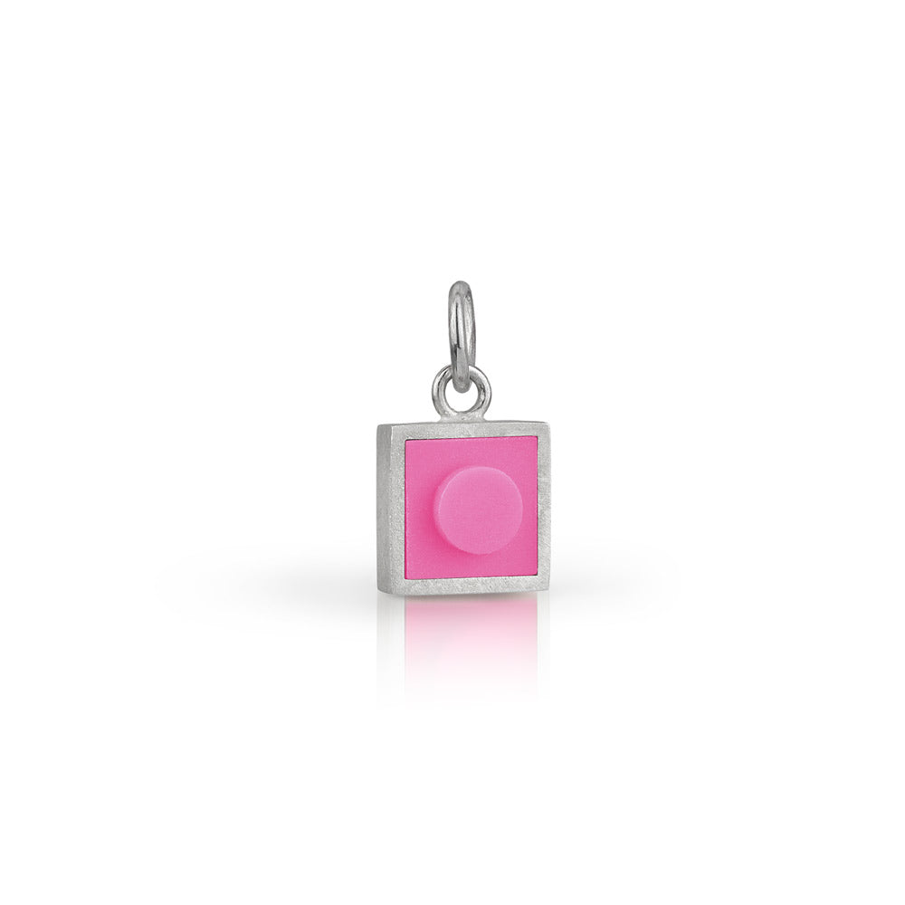 Pink 1 X 1 square LEGO charm for necklace or bracelet in sterling silver 