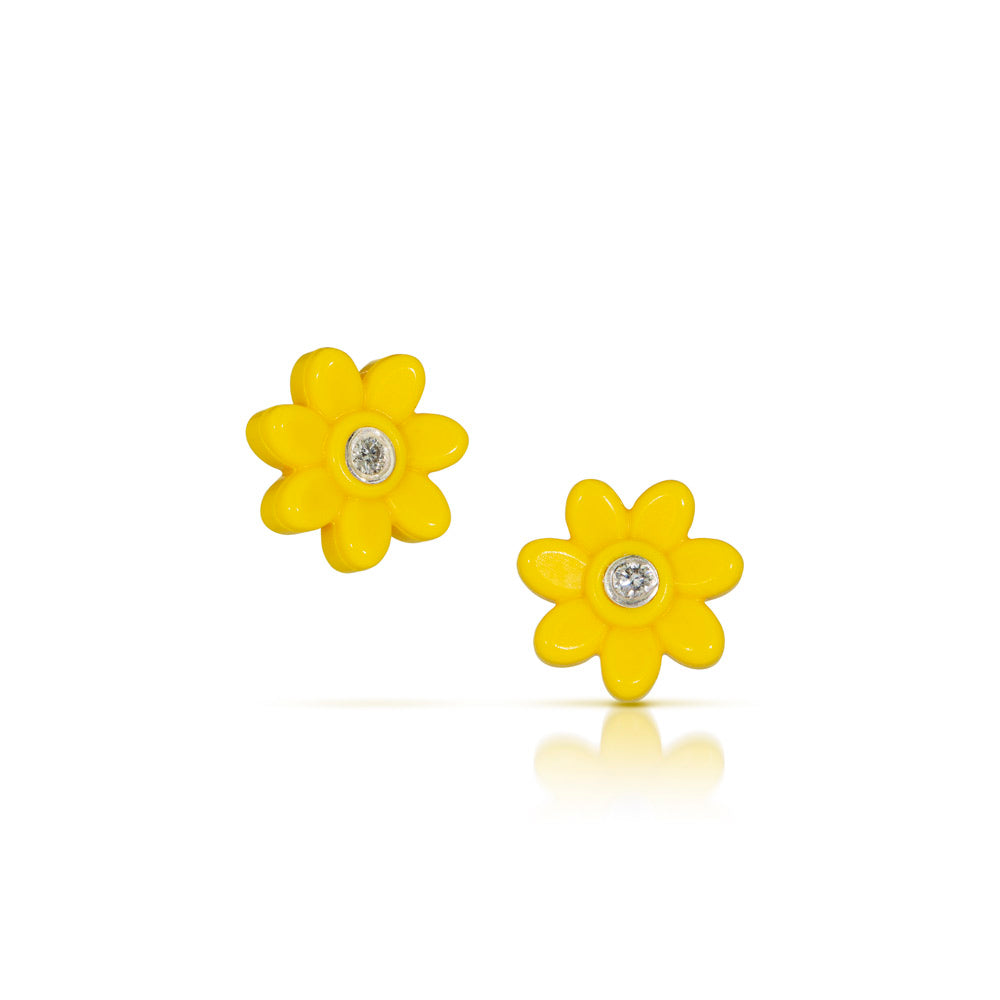 lego trolls turquoise flower post earrings with 7 pedals and a diamond in the center