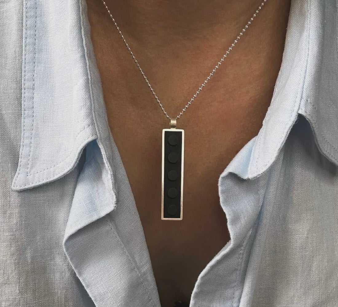 1 X 5 blue LEGO brick made into a sterling silver pendant on a bead chain