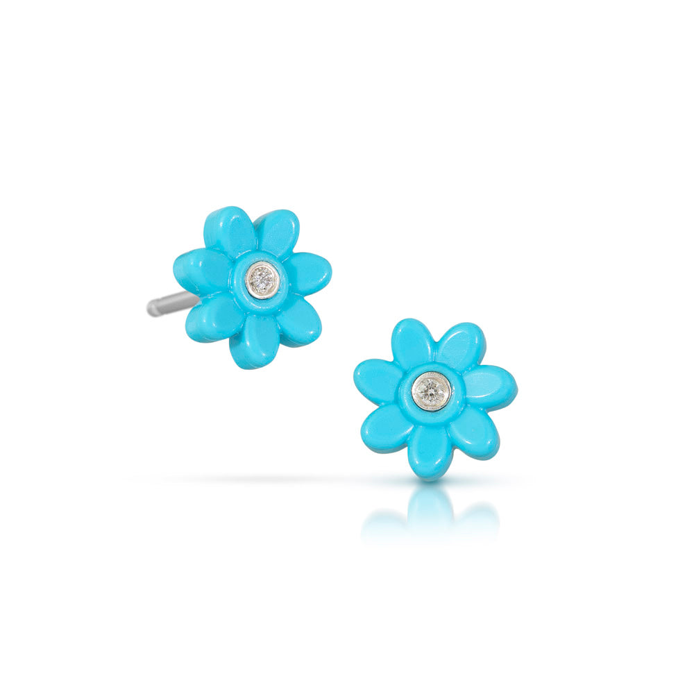 lego trolls turquoise flower post earrings with 7 pedals and a diamond in the center
