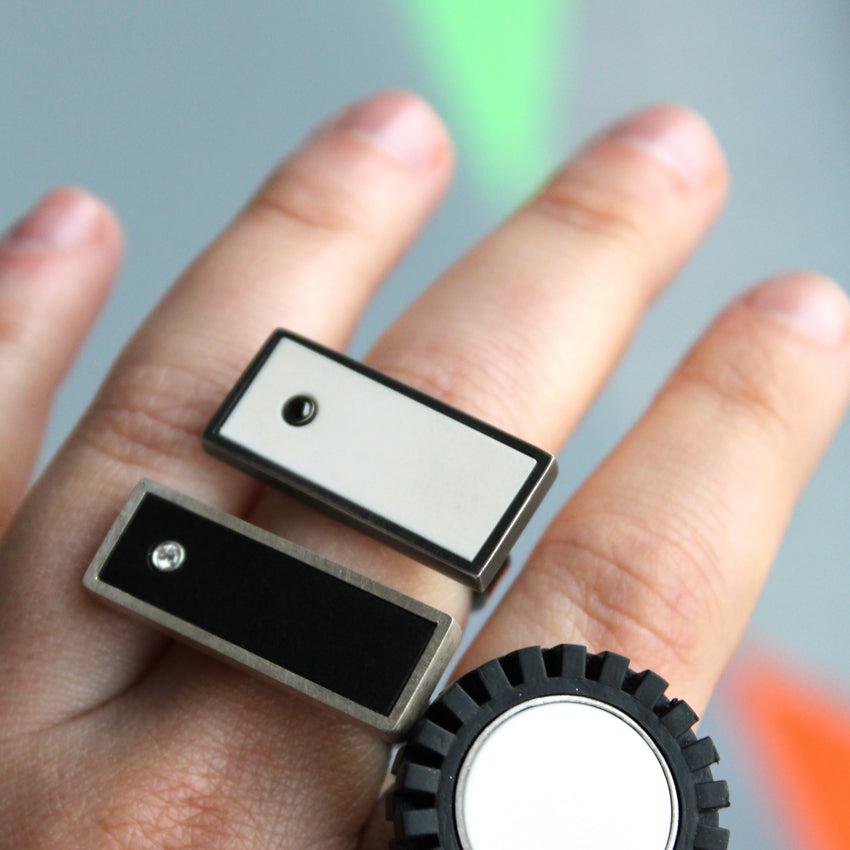 White Bar Ring with Black Diamond
